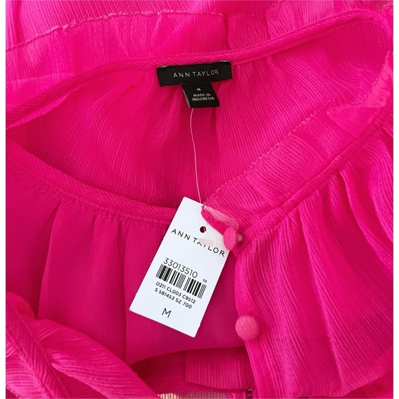 NWT Ann Taylor Barbie Pink Ruffle Shirred Yoke Button Casual Work Office Blouse‌ - Picture 3 of 8